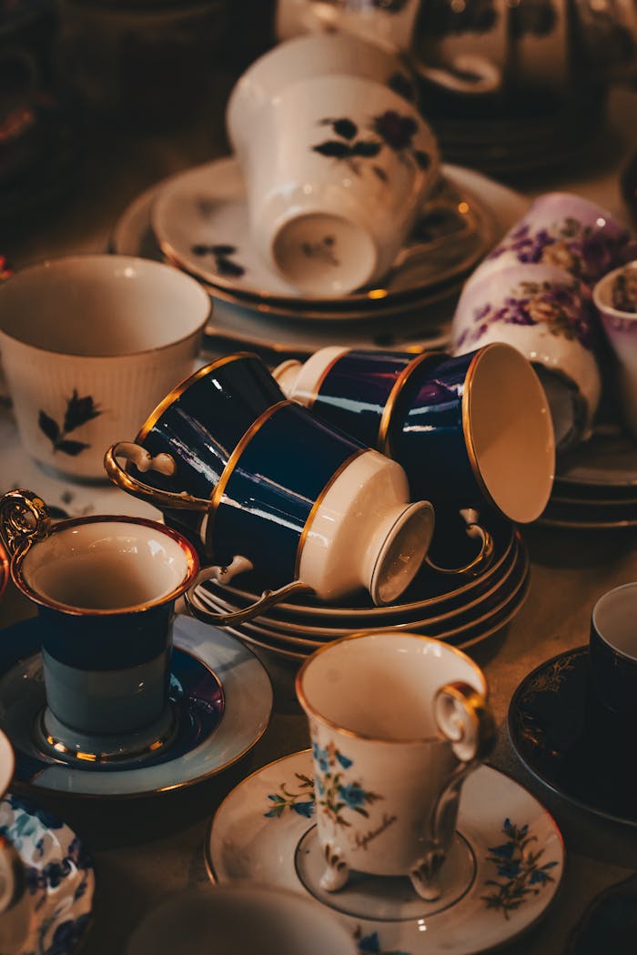 Assorted vintage porcelain tea cups and plates with floral designs in a warm, moody setting.